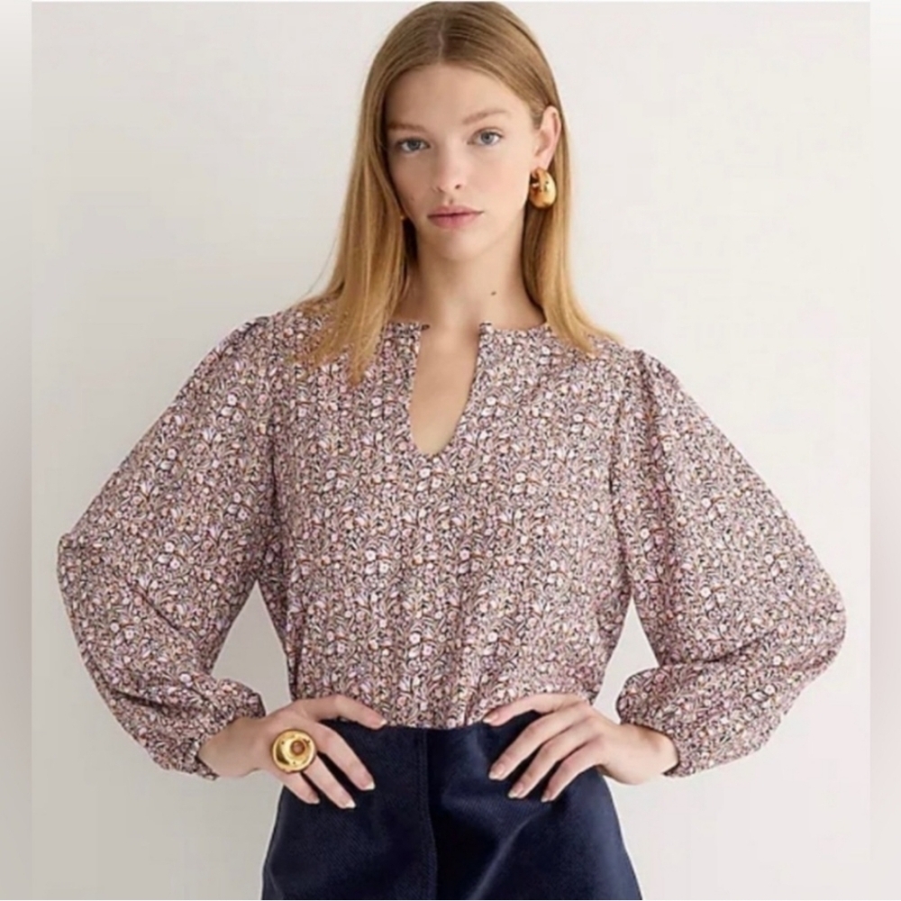 JCREW- PUFF-SLEEVE SATIN-BACK CREPE TOP IN FLORAL FLOURISH - Size M